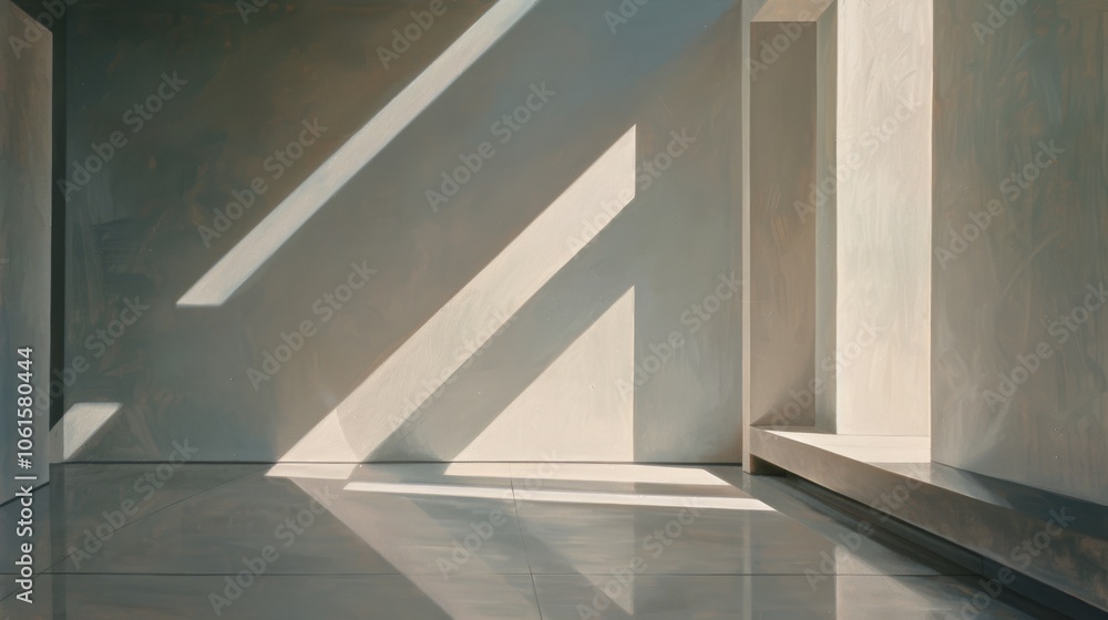 Obraz premium Striking geometric shadows and light play across an empty, minimalist room, creating a modern, contemplative space.