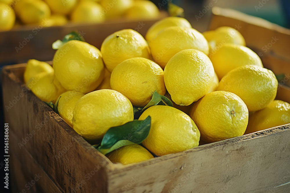 Freshly harvested lemons in a rustic wooden crate at a vibrant farmers market during sunny afternoon Freshly harvested lemons in a rustic wooden crate at a vibrant farmers market during sunny afternoon