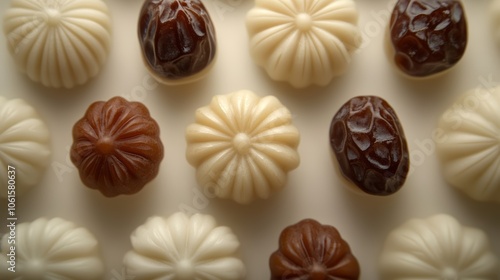 A flat lay of white and brown chocolates, arranged in a repeating pattern on a white surface.