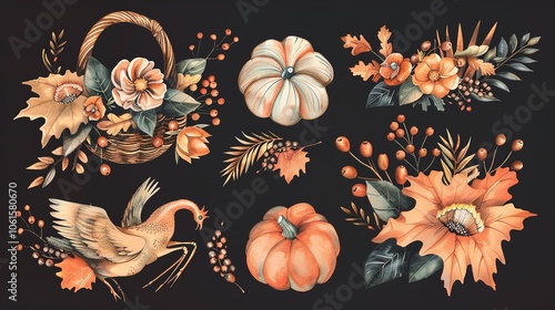 Wallpaper Mural Thanksgiving decoration element set in watercolor Torontodigital.ca