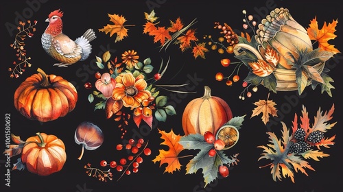 Wallpaper Mural Thanksgiving decoration element set in watercolor Torontodigital.ca