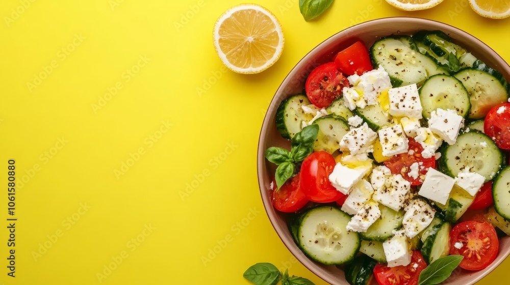 A fresh Greek salad with feta cheese, cucumbers, tomatoes, and basil, with lemon wedges and olive oil, on a bright yellow background. A fresh Greek salad with feta cheese, cucumbers, tomatoes, and basil, with lemon wedges and olive oil, on a bright yellow background.