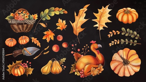 Wallpaper Mural Thanksgiving decoration element set in watercolor Torontodigital.ca