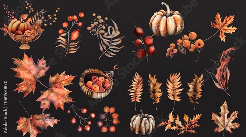 Wallpaper Mural Thanksgiving decoration element set in watercolor Torontodigital.ca