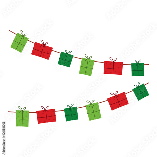 Festive Christmas Garlands with Stockings, Bells, Trees, and Gifts. New Year party lights and flags