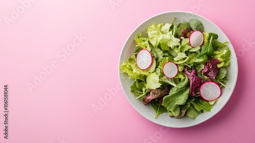 A fresh salad with mixed greens and radishes on a white plate against a pink background.