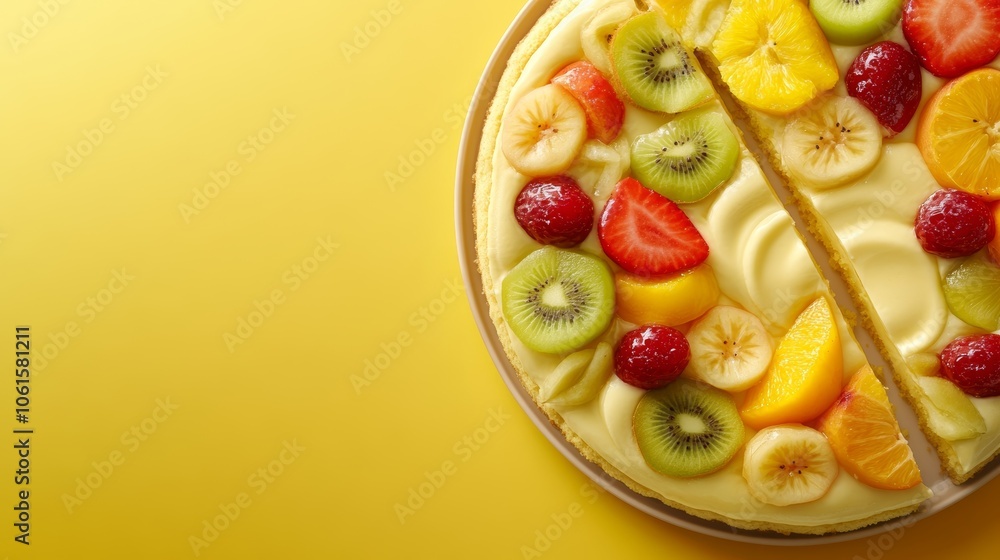 A fruit tart with a slice removed, revealing a creamy filling, set against a vibrant yellow background. A fruit tart with a slice removed, revealing a creamy filling, set against a vibrant yellow background.