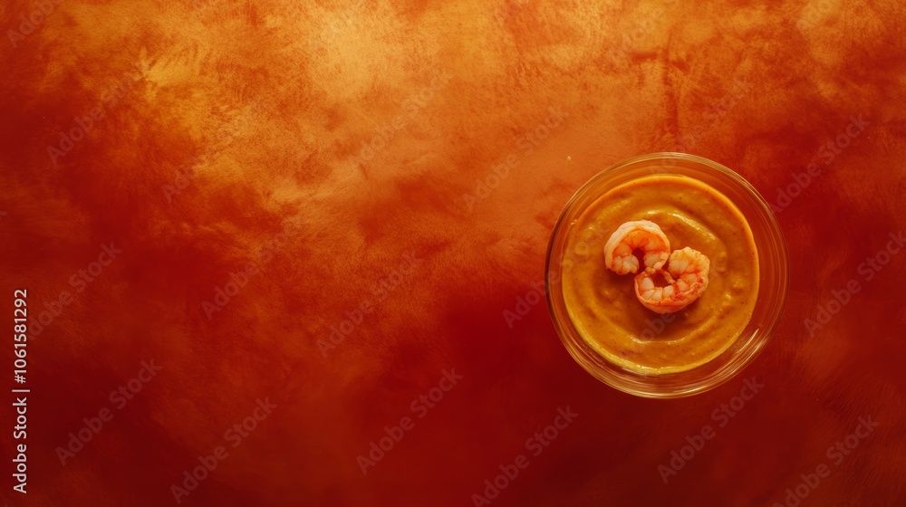 A glass bowl of creamy orange soup with three shrimp on top sits on a vibrant orange background. A glass bowl of creamy orange soup with three shrimp on top sits on a vibrant orange background.