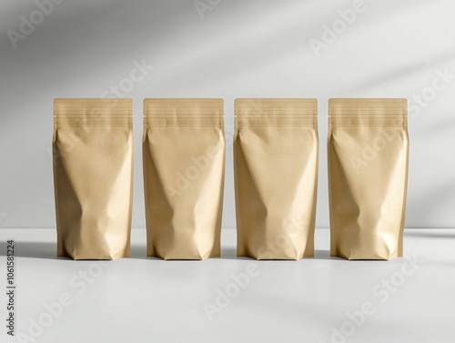 Four Standing Coffee Bags Presenting Packaging Concept on Light Gray Background