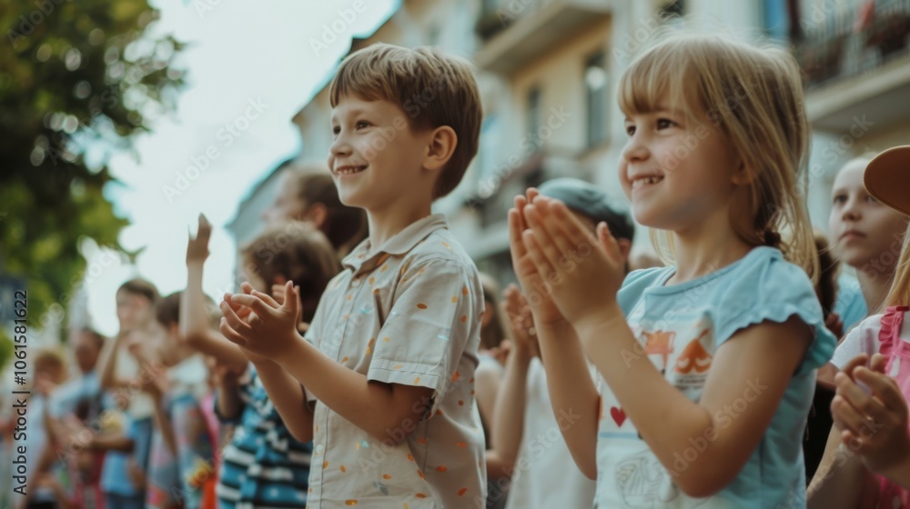 Children beam with joy, clapping and enjoying a lively parade, creating a scene of delight and community in the sunlit street. Children beam with joy, clapping and enjoying a lively parade, creating a scene of delight and community in the sunlit street.