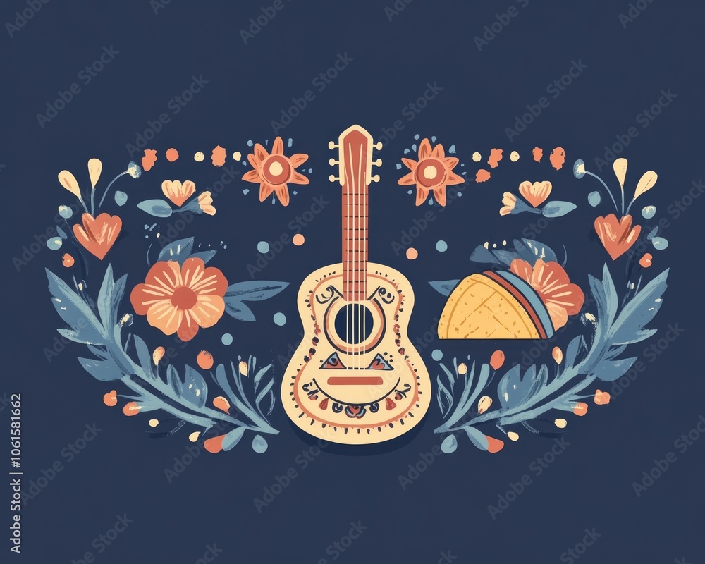 Obraz premium Festive Mexican Celebration: Colorful Illustration with Guitar, Taco, and Sombrero Hat