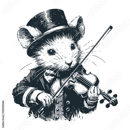 The mouse in the hat plays the violin. Black white vector illustration.