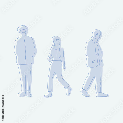 flat minimal people male and female vector illustration in winter clothing concept isolated set collection. Outline with silhouette shadow. For architecture rendering, design, info graphic, media
