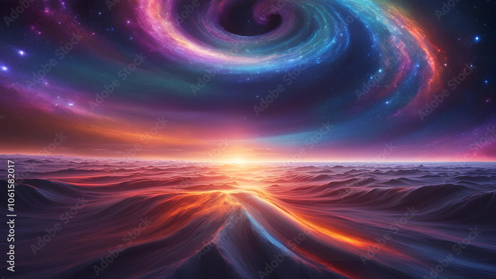 Fototapeta premium Cosmic Convergence: A breathtaking digital painting of a vibrant alien landscape, where swirling nebulae meet a fiery sunset, creating a surreal and awe-inspiring scene.