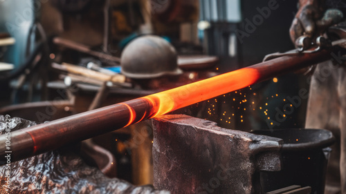 A skilled artisan forging glowing metal in a workshop, showcasing the intensity of craftsmanship and dedication to the art of blacksmithing.