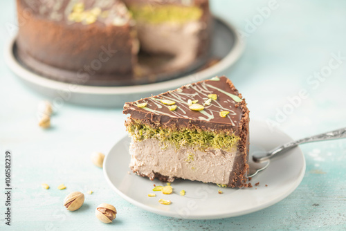 Photography Dubai chocolate cheesecake  with  kataifi and pistachio paste