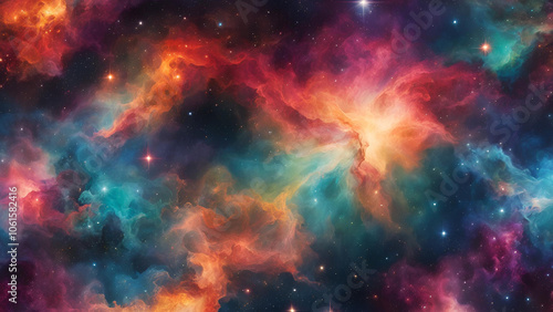 Cosmic Nebula: A vibrant tapestry of celestial colors, swirling nebulae, and distant stars. A breathtaking view of the universe's majestic beauty. 