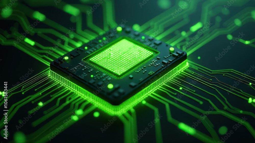 Close-up of glowing green microchip on circuit board technology Close-up of glowing green microchip on circuit board technology