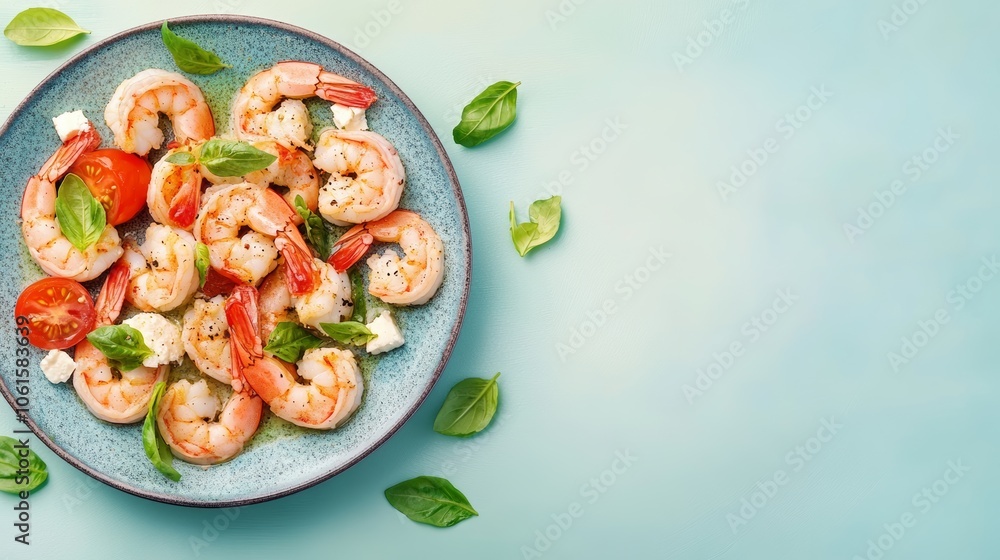 A plate of cooked shrimp with cherry tomatoes, feta cheese and basil leaves on a light blue background. A plate of cooked shrimp with cherry tomatoes, feta cheese and basil leaves on a light blue background.