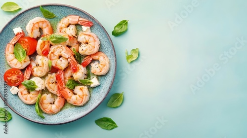 A plate of cooked shrimp with cherry tomatoes, feta cheese and basil leaves on a light blue background.