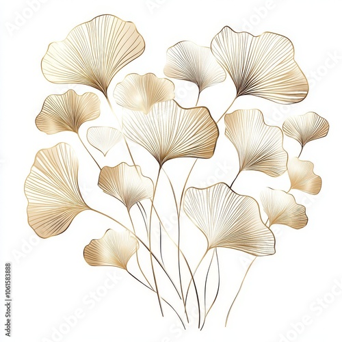 Golden Ginkgo Leaves: Botanical Line Art Print - Elegant Nature Illustration