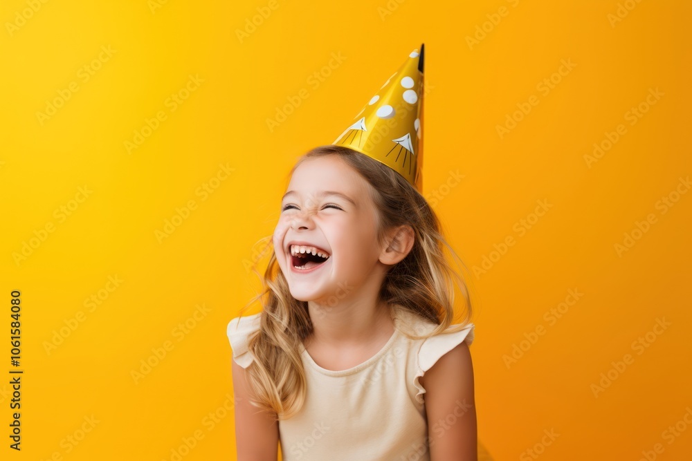 Girl wearing party hat laughing hairstyle yellow. Girl wearing party hat laughing hairstyle yellow.