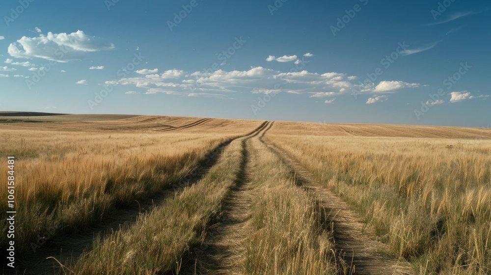 Obraz premium Golden fields stretch endlessly under a vast blue sky, evoking a sense of freedom and the untamed beauty of the open countryside.