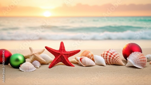 Christmas background with seashells, starfish, and holiday ornaments on a sandy beach at sunset, tropical holiday theme blending festive and coastal elements