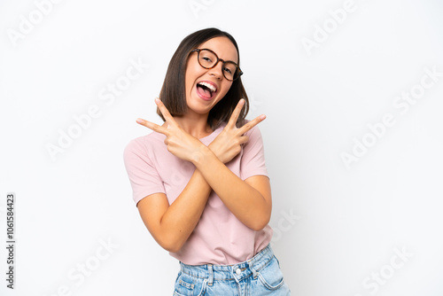 Young caucasian woman isolated on white background smiling and showing victory sign
