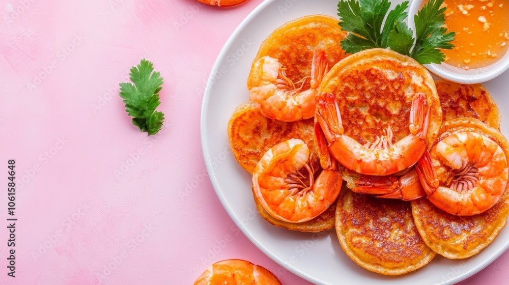 A plate of golden-brown shrimp pancakes with a side of orange sauce and fresh parsley on a pink background. A plate of golden-brown shrimp pancakes with a side of orange sauce and fresh parsley on a pink background.