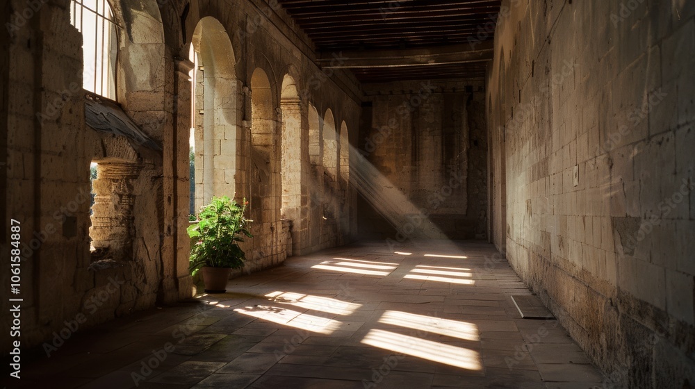 A beam of sunlight pours into an ancient stone corridor, illuminating a solitary green plant in the shadows, creating a striking contrast of light and life. A beam of sunlight pours into an ancient stone corridor, illuminating a solitary green plant in the shadows, creating a striking contrast of light and life.