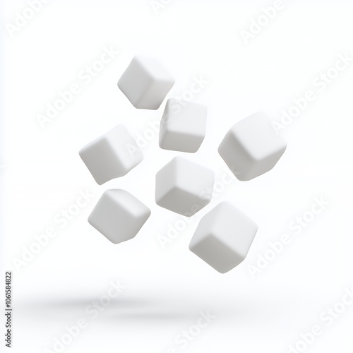 Scattered white cubes on a white background.