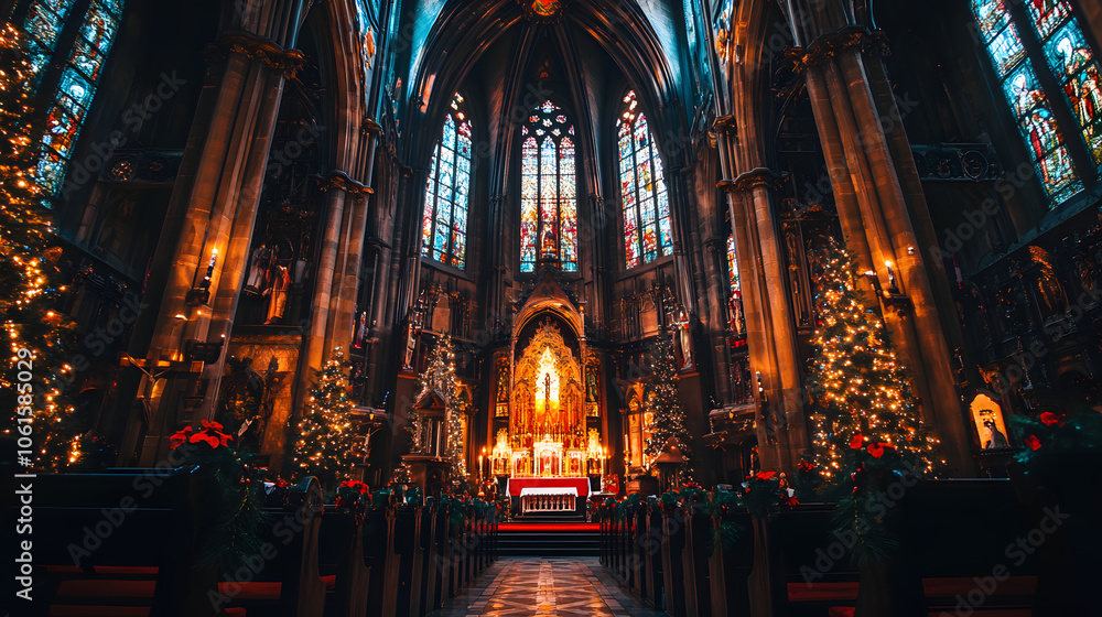 A traditional Christmas mass held in a grand cathedral, with stained glass windows and festive decorations. A traditional Christmas mass held in a grand cathedral, with stained glass windows and festive decorations.