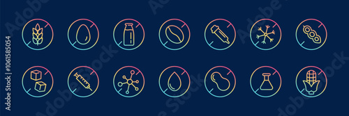 Food Allergen Free set. Gradient line icons. Lactose free, gluten free, sugar free signs. Vector illustration on dark background