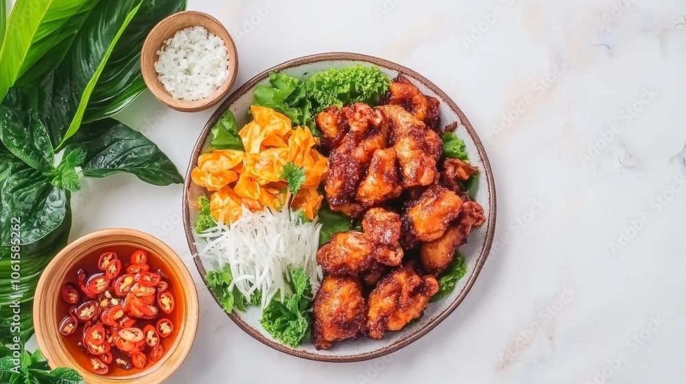 A plate of Japanese karaage chicken with a side of rice, lettuce, and a dipping sauce of chili peppers. A plate of Japanese karaage chicken with a side of rice, lettuce, and a dipping sauce of chili peppers.