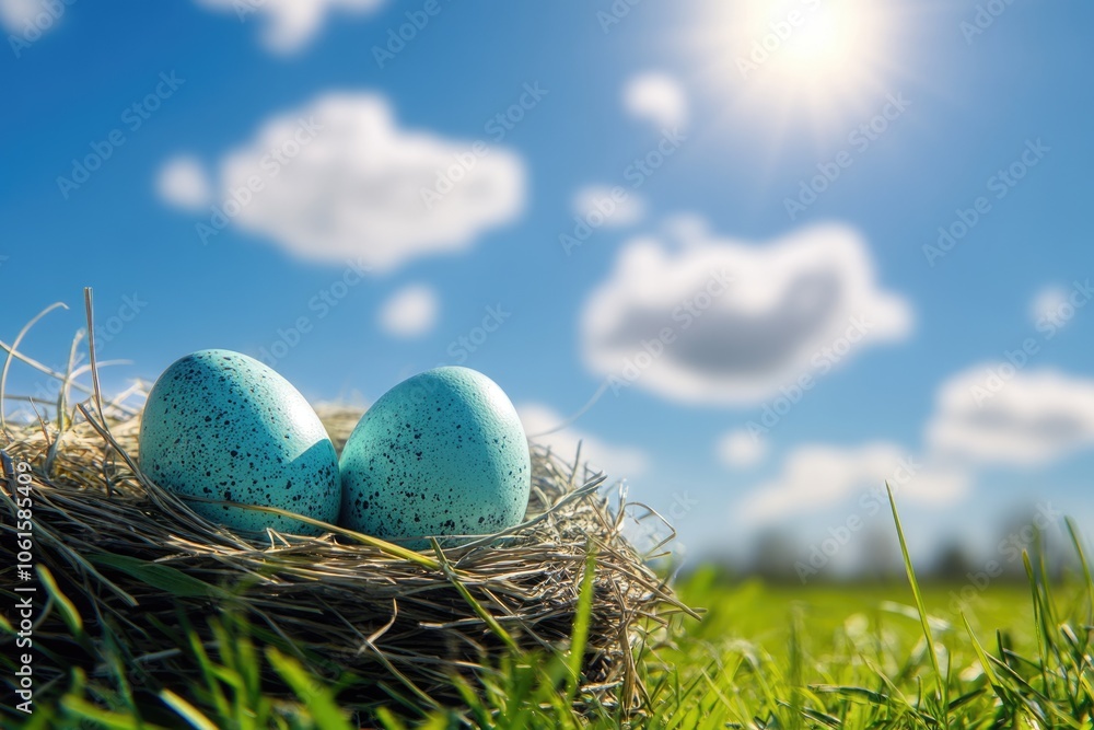 Organic Easter Nest with Blue Eggs under Sunny Sky in Spring Nature Organic Easter Nest with Blue Eggs under Sunny Sky in Spring Nature
