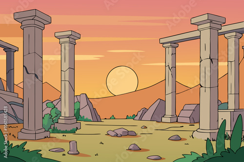 Enchanting Sunset Over Ancient Ruins: A Landscape of Broken Pillars and Overgrown Vines