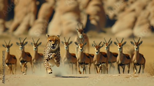 A cheetah runs towards a herd of gazelles in a dry, rocky landscape. photo