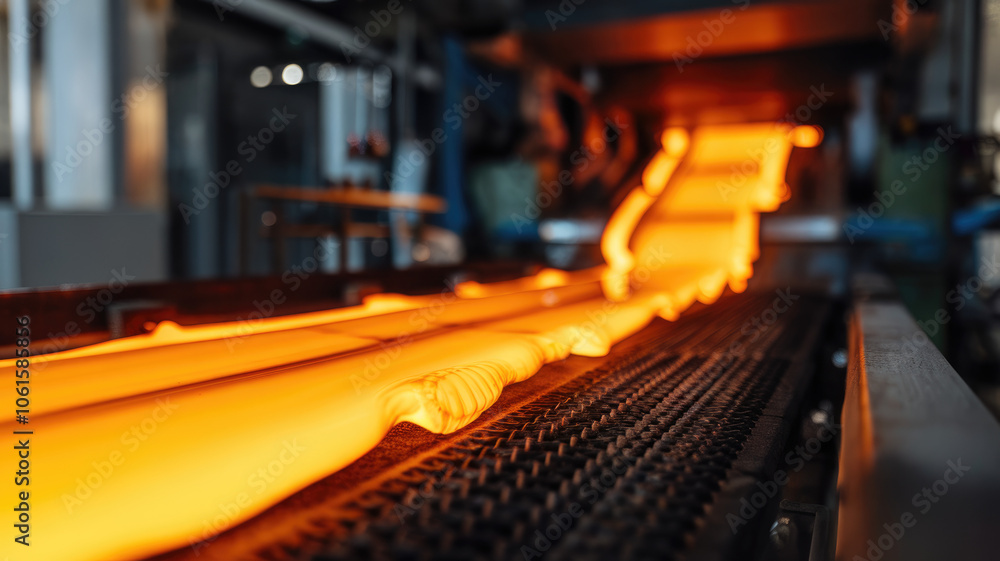 Close-up of molten metal flowing along a conveyor belt in a steel manufacturing plant, showcasing the glowing orange hues and industrial environment. Close-up of molten metal flowing along a conveyor belt in a steel manufacturing plant, showcasing the glowing orange hues and industrial environment.