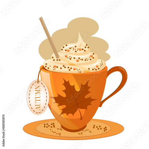 A cup of coffee with cream, sprinkles and a straw on a napkin on an autumn day