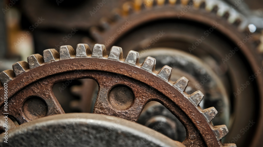Close-up of intricate, rusted metal gears in an industrial setting, showcasing detailed textures and muted tones that evoke a sense of vintage machinery. Close-up of intricate, rusted metal gears in an industrial setting, showcasing detailed textures and muted tones that evoke a sense of vintage machinery.