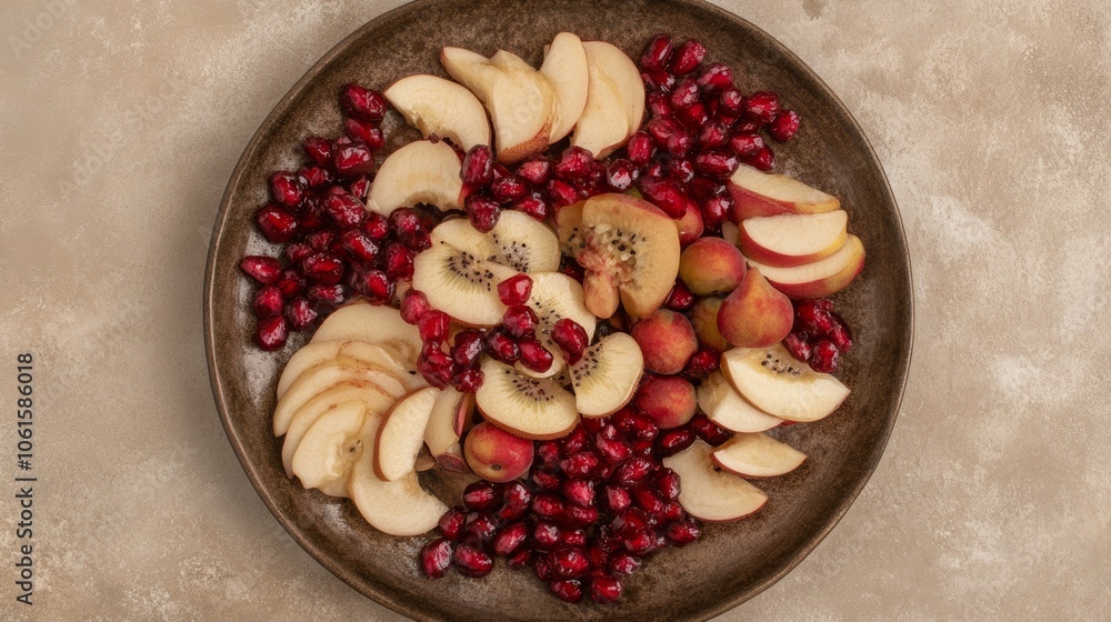 A plate of sliced apples, kiwi and pomegranate seeds on a brown plate against a beige background. A plate of sliced apples, kiwi and pomegranate seeds on a brown plate against a beige background.