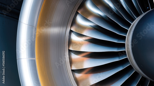 Close-up of a jet engine turbine showcasing its intricate design and metallic sheen, highlighting the blend of engineering and technology in aviation.