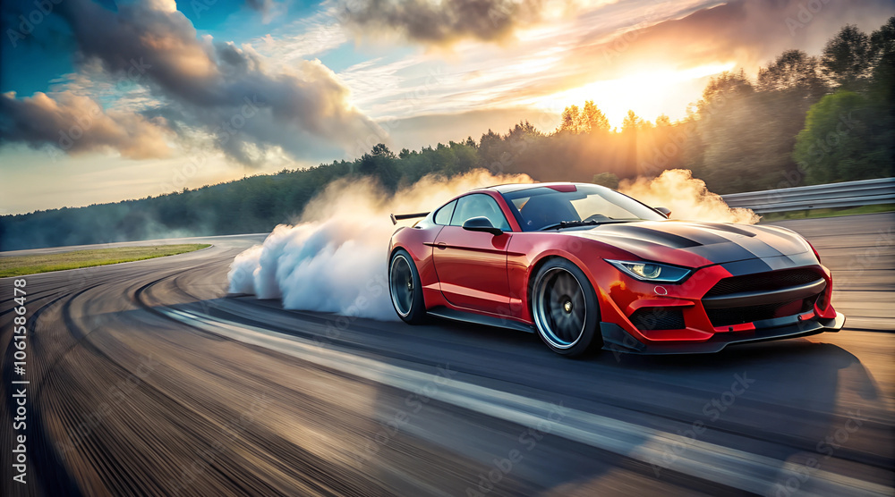 Red Sports Car Drifting at High Speed with Smoke Against a Sunset Sky and Tree Background Red Sports Car Drifting at High Speed with Smoke Against a Sunset Sky and Tree Background