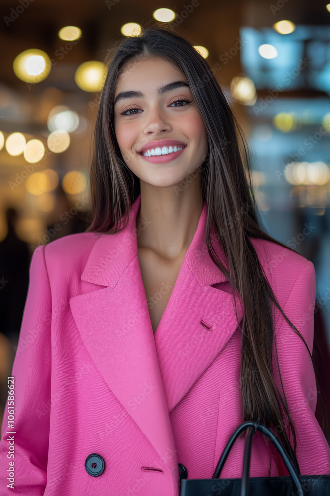 Obraz premium Portrait of beautiful young woman in pink clothes in shopping mall