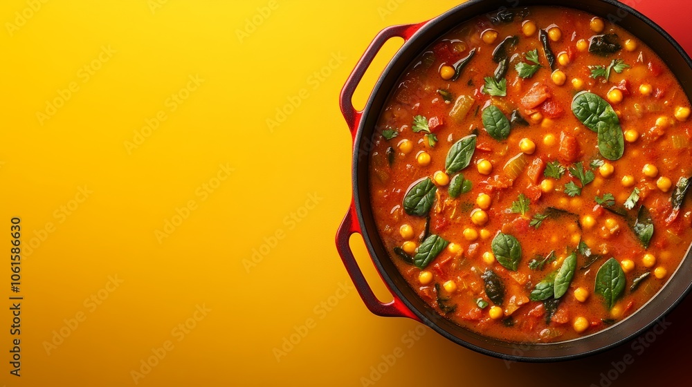 A pot of chickpea curry with spinach and tomatoes on a yellow background. A pot of chickpea curry with spinach and tomatoes on a yellow background.