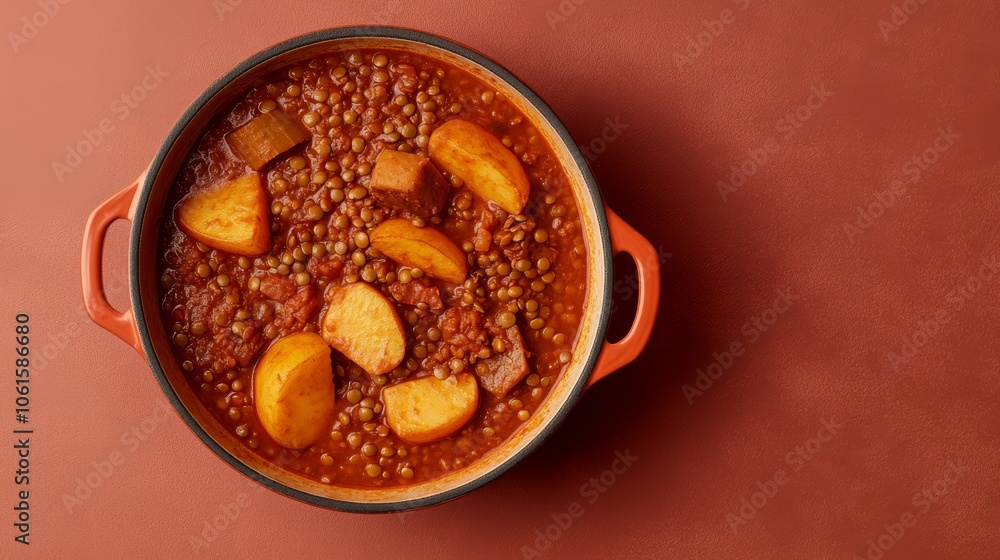 A pot of lentil stew with potatoes and tomato sauce. A pot of lentil stew with potatoes and tomato sauce.