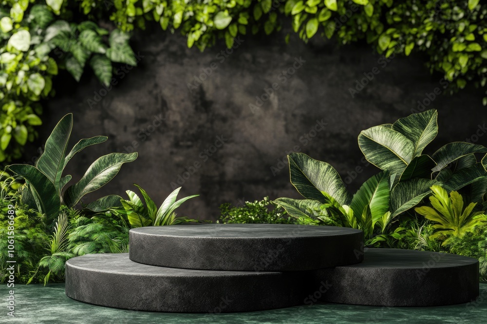 Modern Pedestal Display with Natural Plant Scene on Green Background Modern Pedestal Display with Natural Plant Scene on Green Background