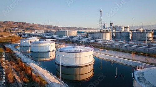 Aerial panoramic view of a large industrial oil refinery and fuel storage tank farm with pipelines processing equipment and infrastructure along the riverfront in an urban cityscape