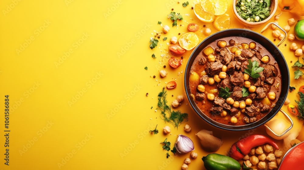 A pot of stewed meat and chickpeas with vegetables on a yellow background. A pot of stewed meat and chickpeas with vegetables on a yellow background.